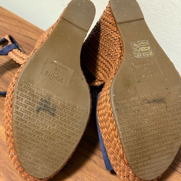 Schultz Poppi Navy Suede Leather Rattan Wedge Ankle Strap Sandal. Size 6B. - Picture 6 of 7